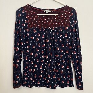 Boden 4 Women's Floral Top Navy Blue Red Long Sleeve Cute